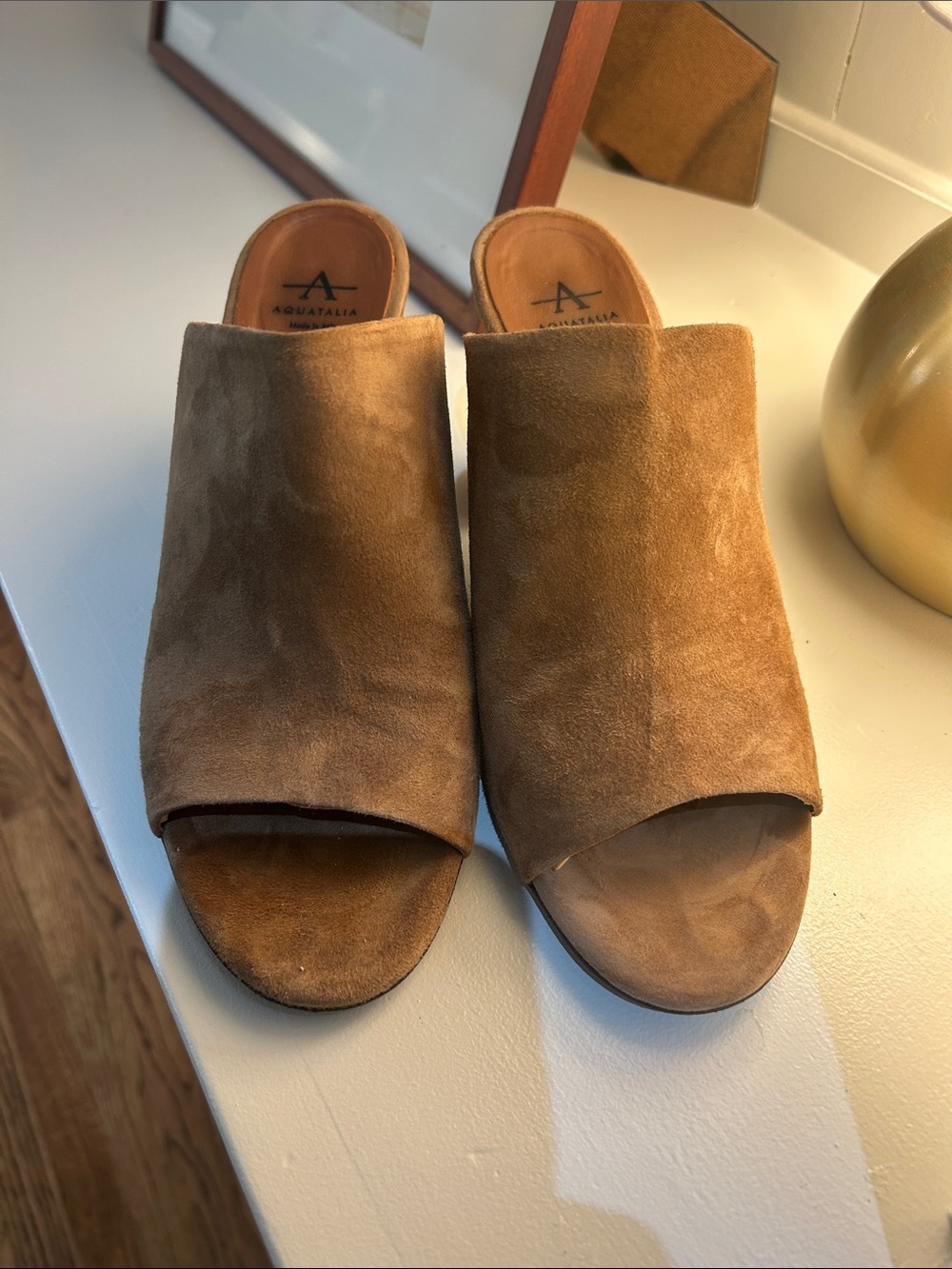 Aquatalia Tan Suede Open-Toe Slide Mules